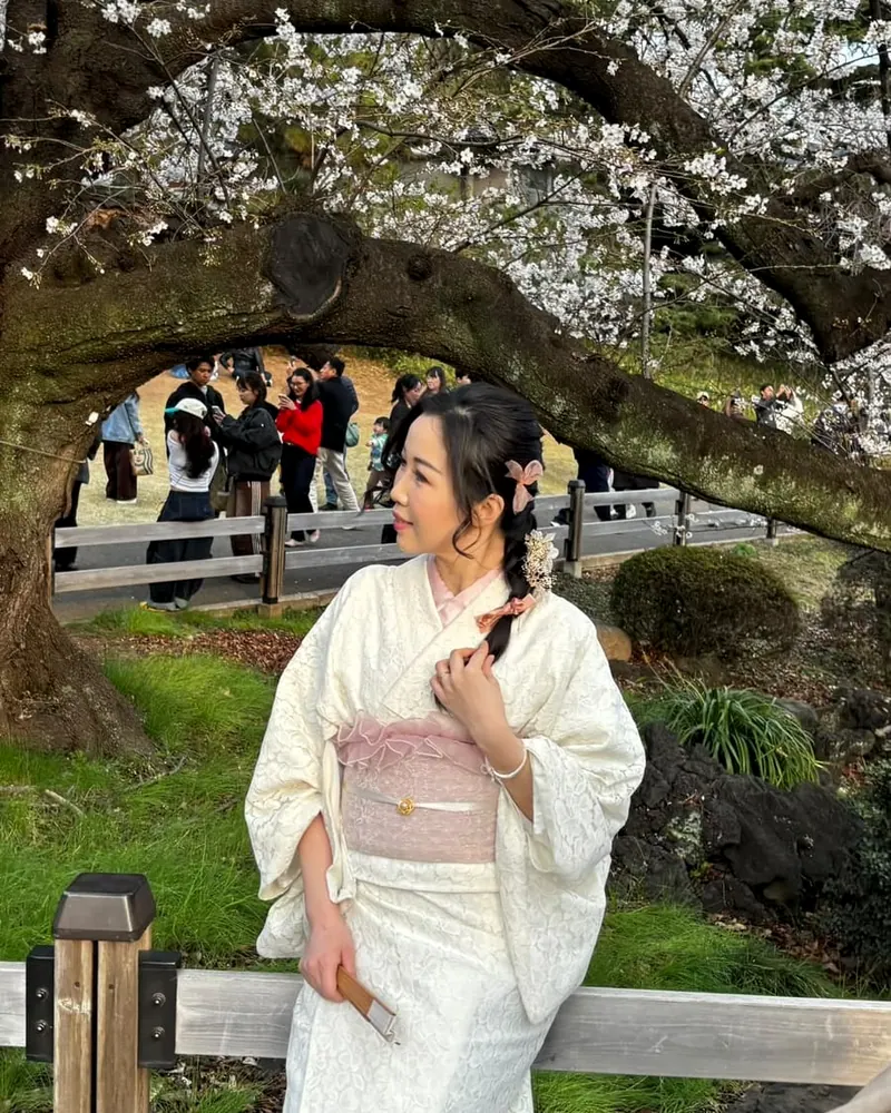 Viajante de quimono branco sob uma cerejeira, no Japão